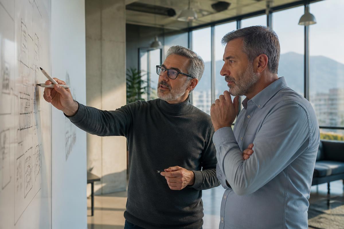 Senior engineers reviewing product architecture on a whiteboard in Tirana