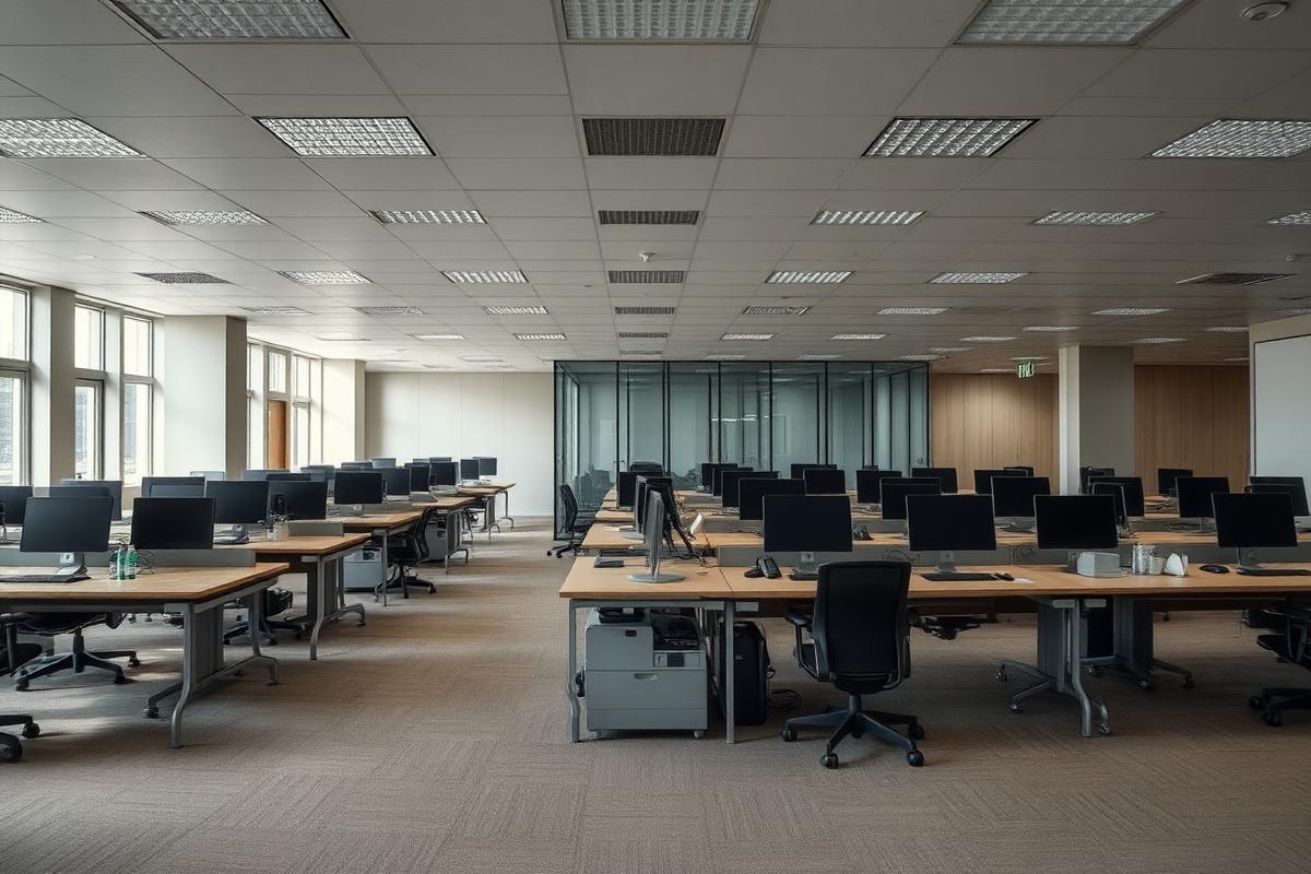Business services floor with rows of workstations